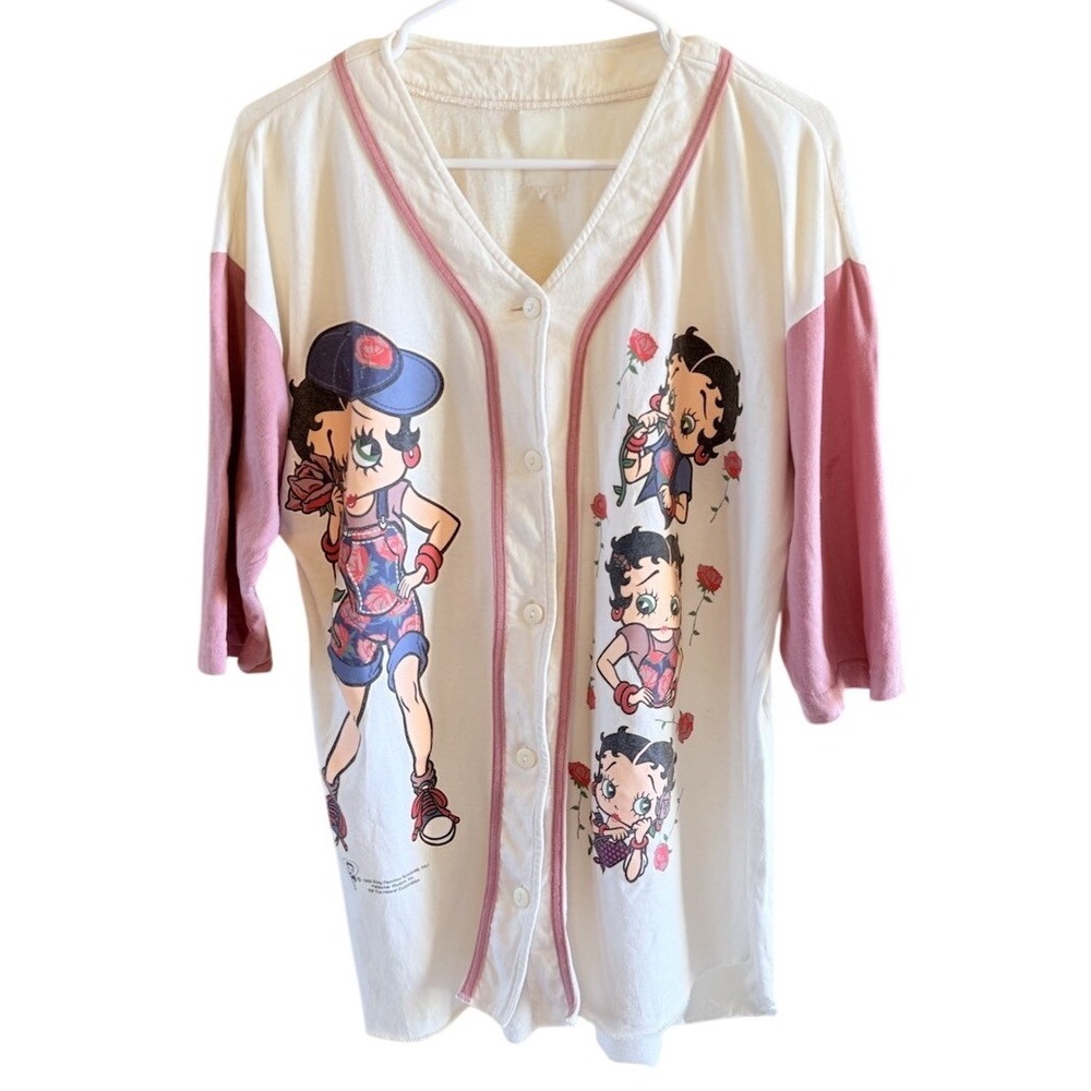 VTG 1995 Betty Boop Jersey Fits L Women's Rose Pink Short Sleeve